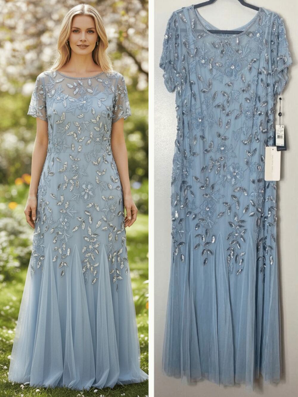 Adrianna Papell Plus Size Dress Blue Sequin Beaded Wedding Guest Mother of Bride